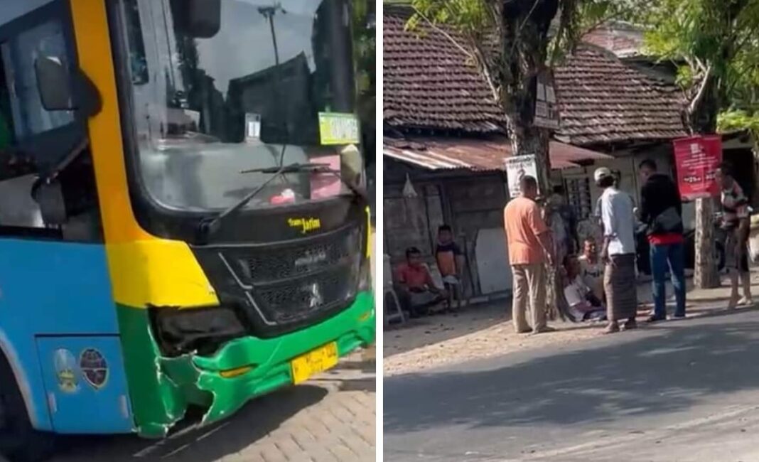 bus trans jatim koridor iii jurusan mojokerto gresik terlibat kecelakaan di balongpanggang 