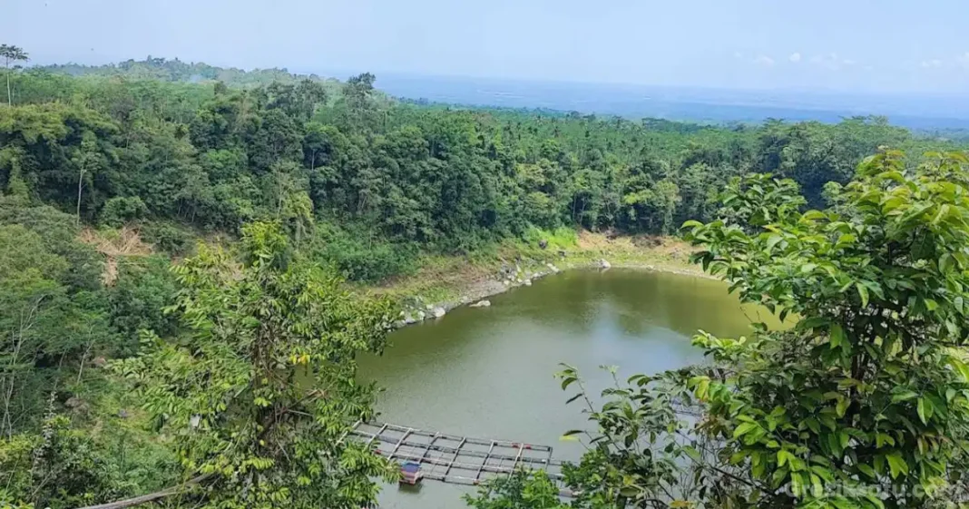 pemandangan ranu lading di lumajang dengan latar kebun teh