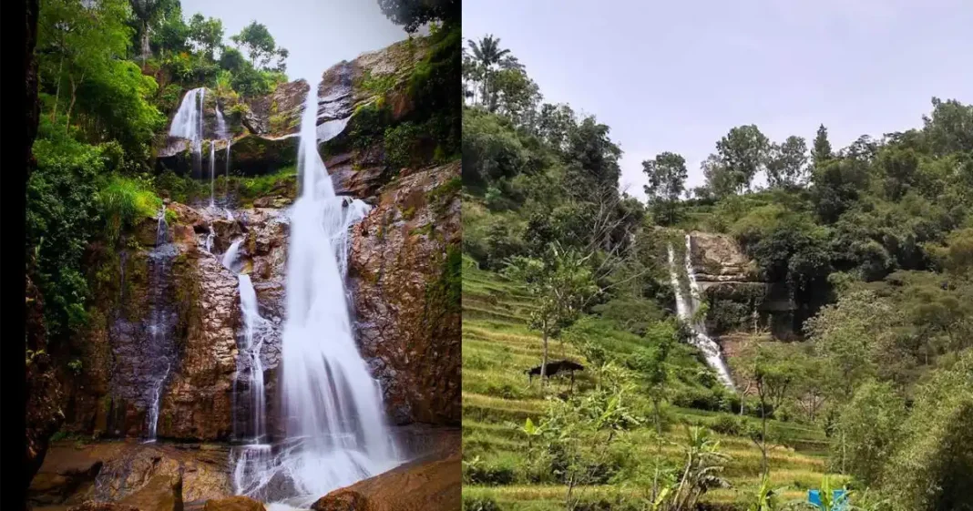 pemandangan curug gringsing di pacitan dengan aliran air bertingkat dan hutan hijau