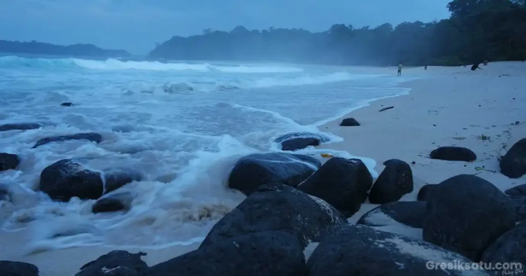 pemandangan indah pantai sendiki malang dengan pasir putih dan deburan ombak